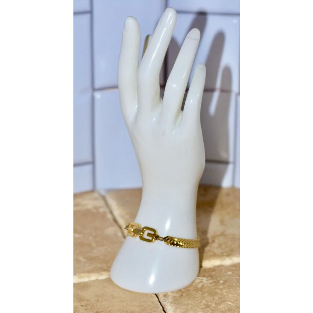 Vintage Givenchy Herringbone Gold Plated Chain Bracelet with Logo Clasp, 1980s